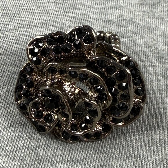 Adjustable Black Rhinestone Rose Flower Ring With Stretch Band Size 9 Women - Picture 10 of 16